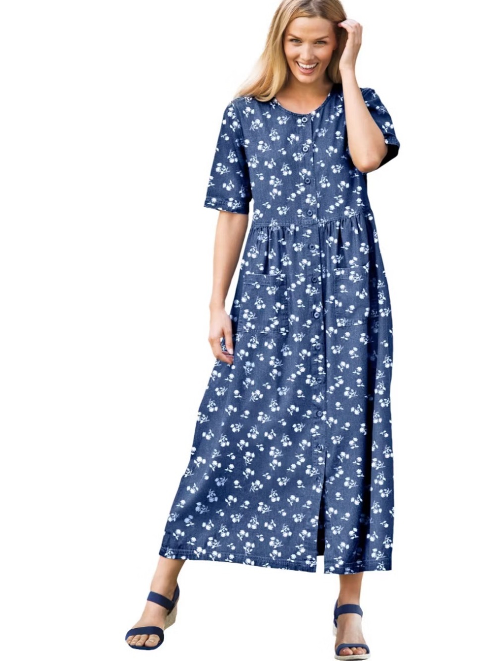 WOMAN WITHIN Denim Dress Petite 24W Medium Stonewash Mini Dandelion Pockets NWOT
